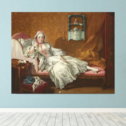 Een vrouw op haar bed canvas afdruk (Insitu (Houten vloer))