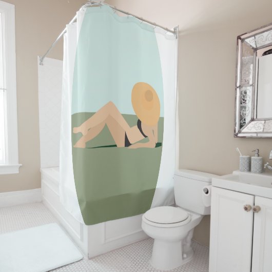 Een vrouw op het strand douchegordijn (In situ)