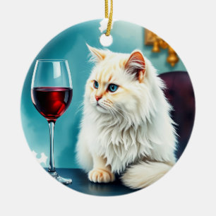 Een vrouw wijn/ en haar kat keramisch ornament