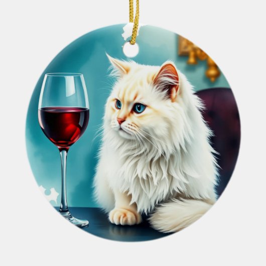 Een vrouw wijn/ en haar kat keramisch ornament (Voorkant)