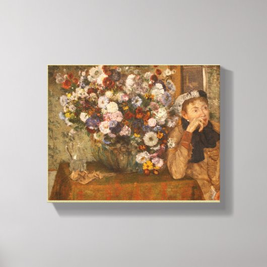Een vrouw zit naast een Vase bloemen door Degas Canvas Afdruk (Voorkant)