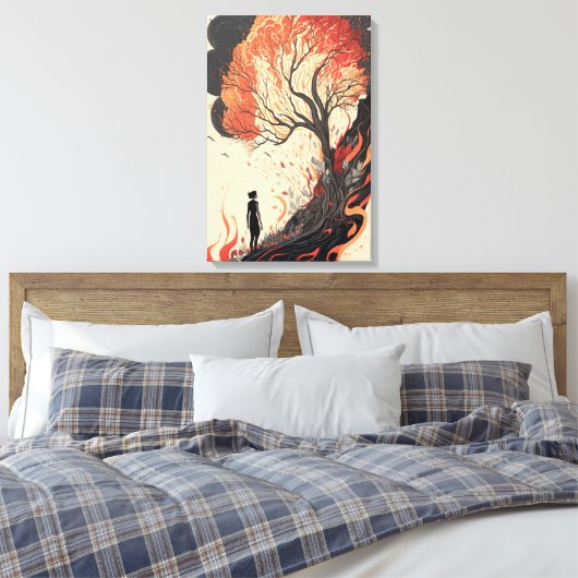 Een vrouwengedachte over het brandende bos canvas afdruk