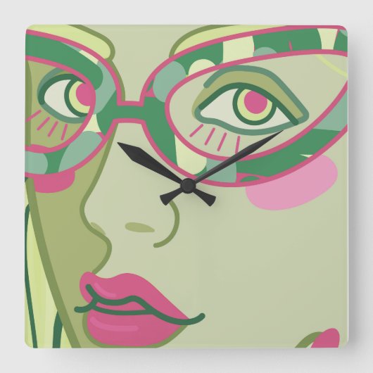 een vrouwengezicht in een  bril. vierkante klok (Voorkant)