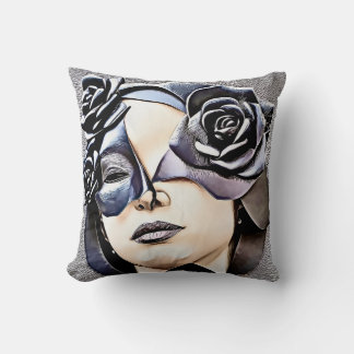 Een vrouwengezicht met een leren masker en rozen, kussen