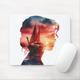 een vrouwenmasker dat een zeilboot bij zonsonderga muismat