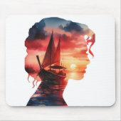 een vrouwenmasker dat een zeilboot bij zonsonderga muismat (Voorkant)
