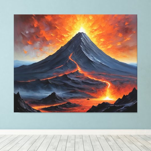 Een vulkaan met lava die uit de berg komt canvas afdruk (Insitu (Houten vloer))