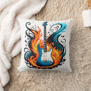 Een vurige blauwe gitaar omringd door kolkende vla kussen