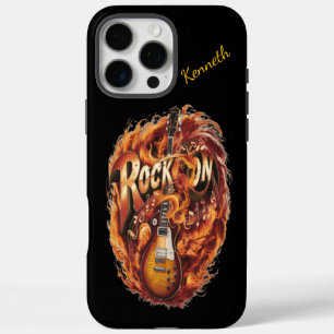 Een vurige gitaar omringd door muzieknoten iPhone 16 pro max hoesje