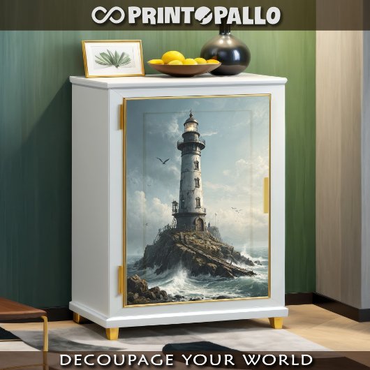 Een vuurtoren in stormachtig zee met meeuw - tissuepapier