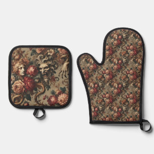Een waarschuwende bloei - Gotisch Victoriaans Ovenwant & Pannenlap Set