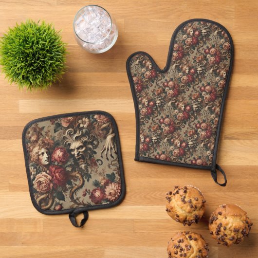 Een waarschuwende bloei - Gotisch Victoriaans Ovenwant & Pannenlap Set (Top down)