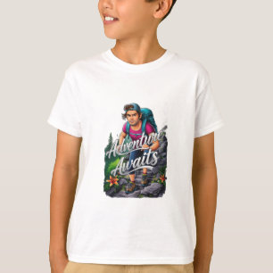 Een wandelaar beklimt een steil pad met de tekst " t-shirt