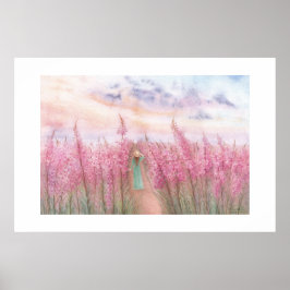 Een wandeling in een roze bloemenveld poster