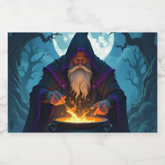 Een Warlock brouwt een Halloween-feest Likeurfles Etiket (Enkel label)