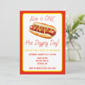 Een warme hond! Hot Dog eerste verjaardag Kaart (Staand voorkant)