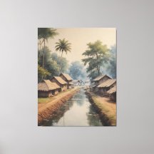 Een waterkanaal met huizen en bomen