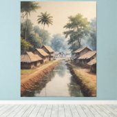 Een waterkanaal met huizen en bomen canvas afdruk (Insitu (Houten vloer))