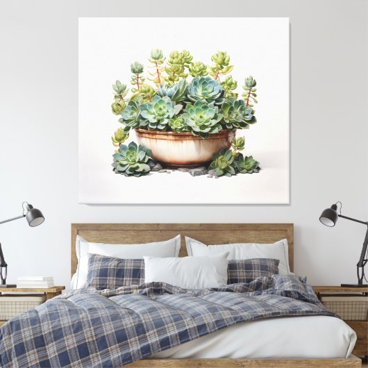 Een Waterverf Oasis Succulent Waterverf schilderij Canvas Afdruk (Insitu (Slaapkamer))