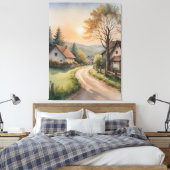 Een waterverf schilderij van huizen en een weg canvas afdruk (Insitu (Slaapkamer))