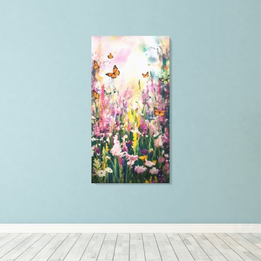 Een waterverf schilderij van Wildflower Field Canvas Afdruk (Insitu (Houten vloer))
