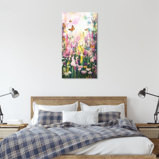 Een waterverf schilderij van Wildflower Field Canvas Afdruk (Insitu (Slaapkamer))