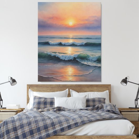 Een waterverf van golven op het strand canvas afdruk (Insitu (Slaapkamer))