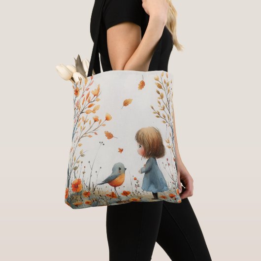 Een Waterverf van Little Girl & Bird Tote Bag (Dichtbij)