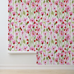 Een Waterverf veld van roze wilde bloemen Behang