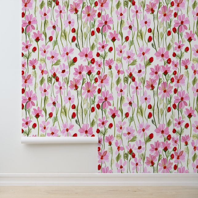 Een Waterverf veld van roze wilde bloemen Behang (Applicatie)