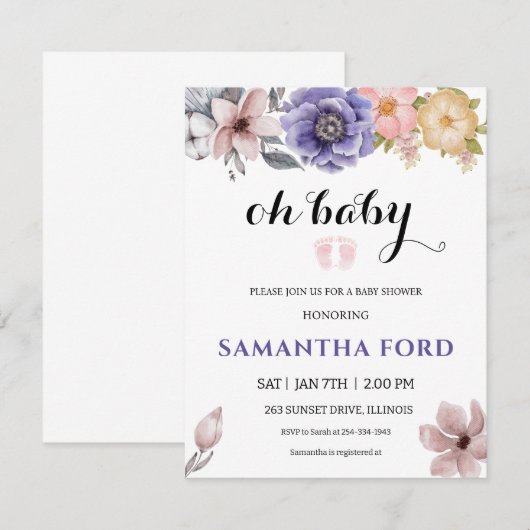 Een Waterverf voor het Baby shower van Floral Girl Kaart (Voorkant / Achterkant)