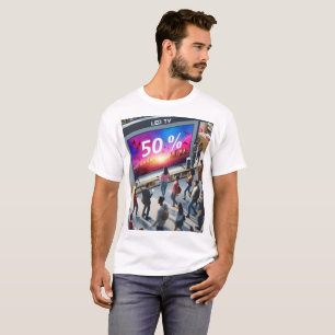 Een weergave van mensen die rondlopen op een tv me t-shirt