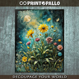 Een weide van gele en paarse bloemen en de maan tissuepapier