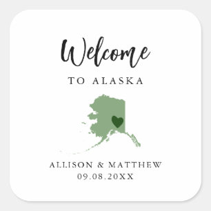 Een welkomsttas of doos met kleurrijke alaska-brui vierkante sticker
