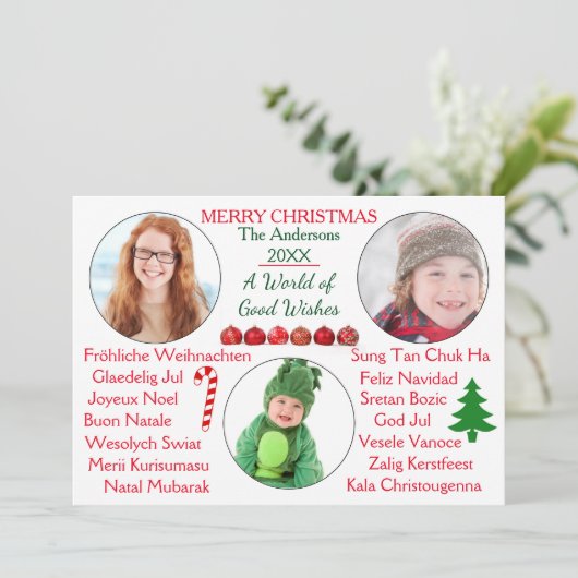 Een wereld van goede wensen 3 foto's - kerstkaart (Staand voorkant)