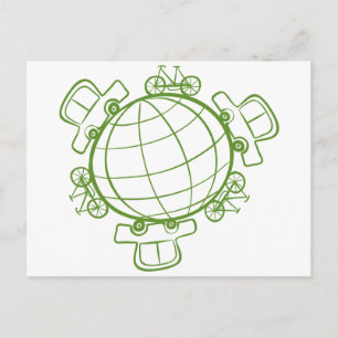 Een wereldbol omringd door fietsen en auto's briefkaart