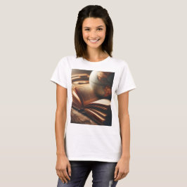 Een wereldbol zit bovenop een boek t-shirt