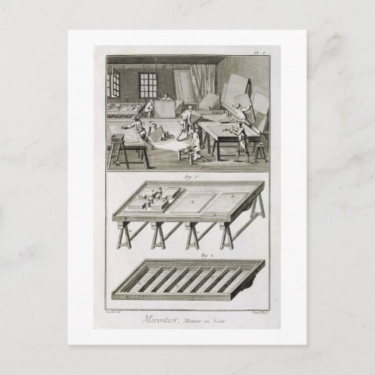 Een werkplaats en gereedschap van de spiegelmaker, briefkaart (Voorkant)