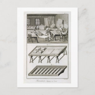 Een werkplaats en gereedschap van de spiegelmaker, briefkaart
