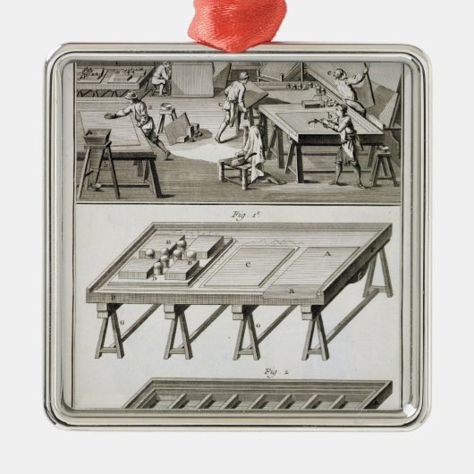 Een werkplaats en gereedschap van de spiegelmaker, metalen ornament (Voorkant)