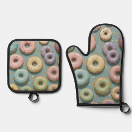 Een Whimsicale Pastelkleurige Donut Droom Ovenwant & Pannenlap Set