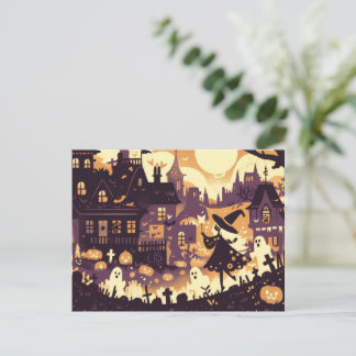 Een Whimsische Halloween Nacht met de Kleine Heks Feestdagenkaart