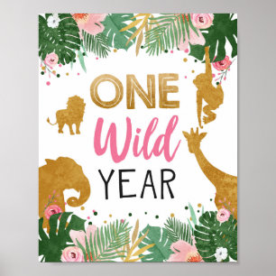 Eén Wild Jaar Safari Animals Girl Birthday Sign Poster