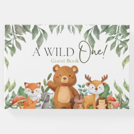 Een wild ONE Green Woodland Animals Baby shower Gastenboek