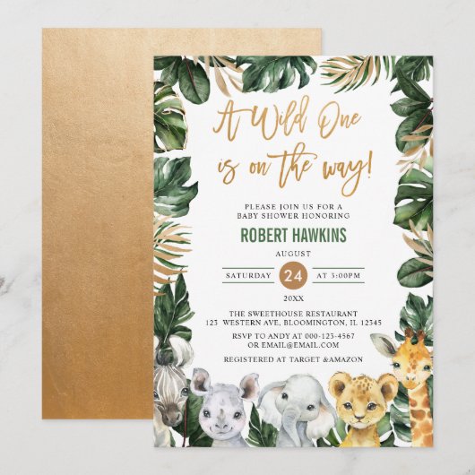 Een Wild One Oerwoud Safari Animals Baby shower Kaart (Voorkant / Achterkant)