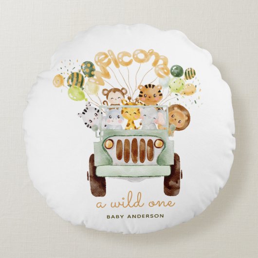 Een Wild One Safari Car Baby shower Rond Kussen (Voorkant)