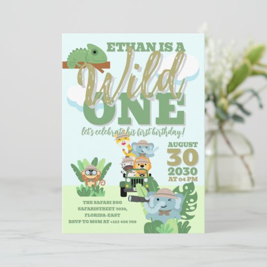 Een Wild One Safari verjaardagsfeest Oerwoud thema Kaart (Staand voorkant)