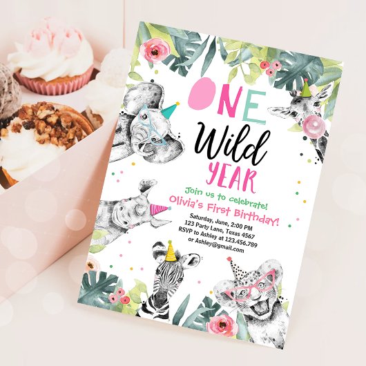 Eén Wild Year Girl Birthday Party Safari Animals Kaart