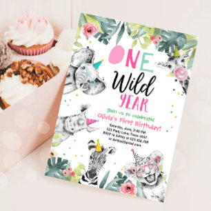 Eén Wild Year Girl Birthday Party Safari Animals Kaart