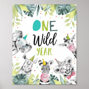 Eén Wild Year Safari Boy First Birthday Sign Poster